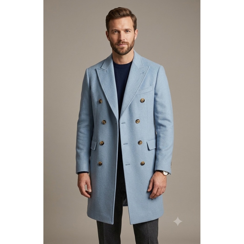 NWT Southern Gents Double Breasted Overcoat Mens 40 Powder Blue Wool Blend